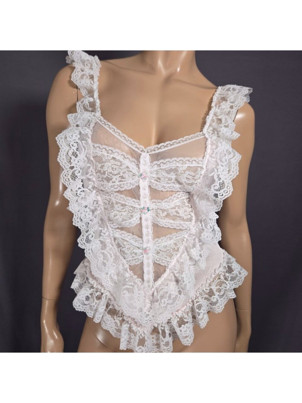 Vintage 80s Pink White Lace Camisole Size M Ruffled Coquette Fairy Nylon